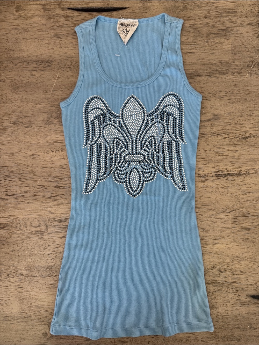 Vocal Apparel women’s juniors crystal blue fleur de lis wings tank top shirt s